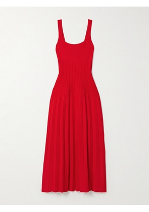 STAUD - Ellison Pleated Ribbed-knit Midi Dress - Red - x small,small,medium,large