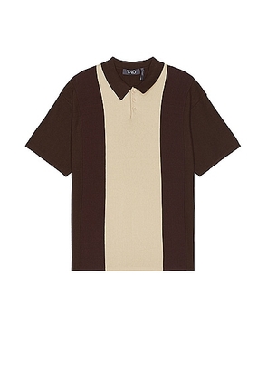 WAO Short Sleeve Stripe Knit Polo in Brown & Natural - Multi. Size M (also in L, S, XL/1X).