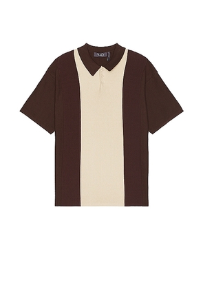 WAO Short Sleeve Stripe Knit Polo in Chocolate. Size L, S, XL/1X.