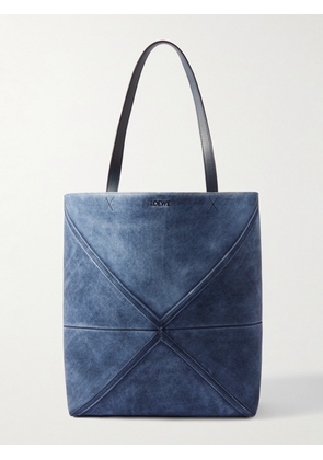 LOEWE - Puzzle Fold Leather-Trimmed Suede Tote Bag - Men - Blue