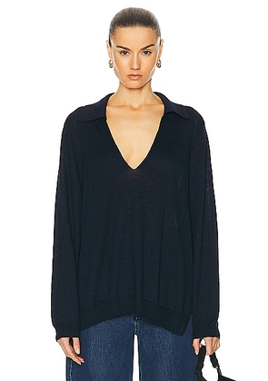LESET Eve V Neck Polo Sweater in Space - Navy. Size L (also in M, S, XL, XS).
