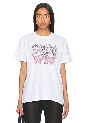 Ganni Basic Jersey Cats Relaxed T-Shirt in White. Size XS, XXS.