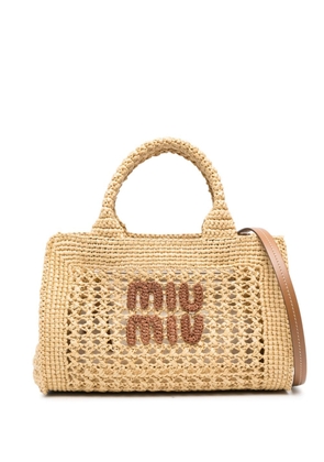 Miu Miu logo-embroidered raffia tote bag - Neutrals