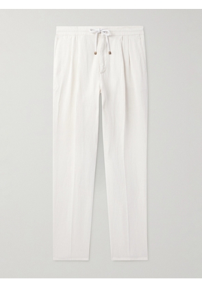 Brunello Cucinelli - Straight-Leg Pleated Linen-Twill Drawstring Trousers - Men - White - IT 44