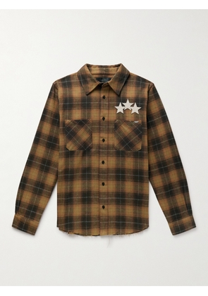 AMIRI - Leather-Appliquéd Logo-Embroidered Checked Cotton-Flannel Shirt - Men - Brown - IT 44