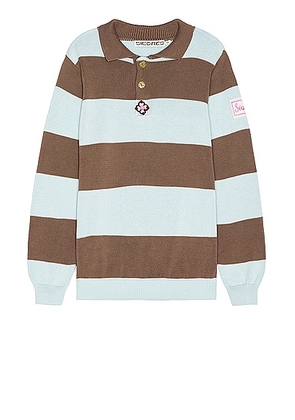 SIEDRES Ole Flower Crochet Detailed Striped Polo Sweater in Brown - Baby Blue,Brown. Size L (also in M, S, XL/1X).