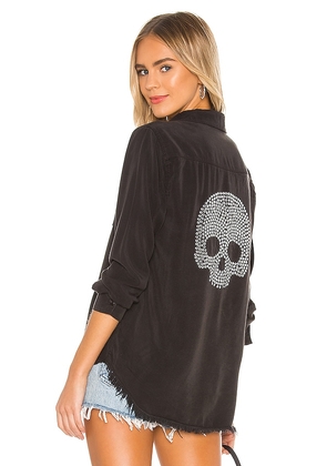 Lauren Moshi Sloane Nailhead Skull Button Up Denim Shirt in Black. Size L, S, XL.