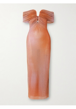 Self-Portrait - Off-the-shoulder Crystal-embellished Printed Stretch-tulle Midi Dress - Orange - UK 4,UK 6,UK 8,UK 10,UK 12,UK 14,UK 16