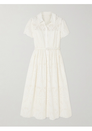 Self-Portrait - Belted Broderie Anglaise Cotton Midi Shirt Dress - White - UK 4,UK 6,UK 8,UK 10,UK 12,UK 14,UK 16