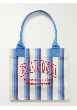 GANNI - + Net Sustain Easy Large Embroidered Striped Recycled Cotton-canvas Tote - Blue - One size