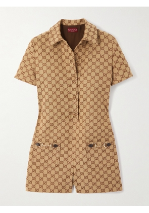Gucci - Embellished Leather-trimmed Canvas-jacquard Playsuit - Brown - IT40,IT42,IT44