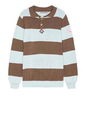 SIEDRES Ole Flower Crochet Detailed Striped Polo Sweater in Baby Blue,Brown. Size M, S, XL/1X.