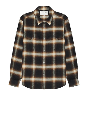 FRAME Brushed Cotton Plaid Shirt in Brown. Size S, XL/1X.