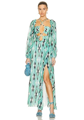 PatBO Wist Long Sleeve Lace Up Maxi Dress in Piscene Blue - Blue. Size S (also in ).