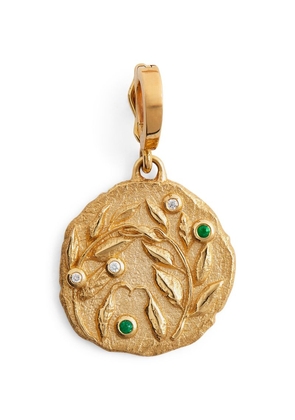 Azlee Small Yellow Gold, Diamond And Emerald Olive Branch Coin Charm