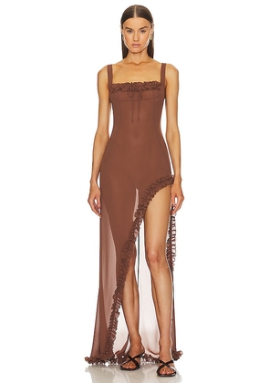 Helsa Sheer Ruffled Long Dress in Chocolate. Size XL.