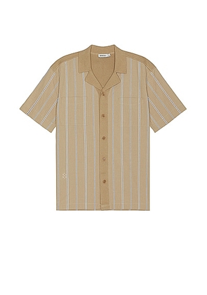 SIMKHAI Justin Yarn Dye Stripe Shirt in Khaki - Beige. Size L (also in M, S).