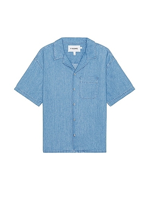 FRAME Chambray Camp Collar Shirt in Midland - Blue. Size L (also in M, S, XL/1X).