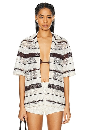 WAO Crochet Stripe Camp Shirt in Natural & Brown - Brown. Size M (also in L, S, XL/1X, XS).