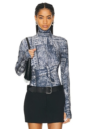 Norma Kamali Slim Fit Long Sleeve Turtleneck Top in Black & Navy Denim Print - Blue. Size L (also in M, S, XL, XS).