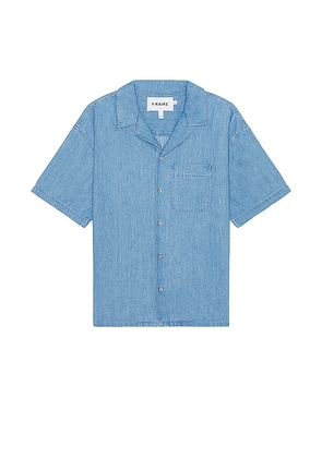 FRAME Chambray Camp Collar Shirt in Blue. Size M, S.