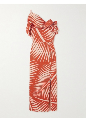 Johanna Ortiz - + Net Sustain Preconceived Notions One-shoulder Ruffled Printed Cotton-poplin Midi Dress - Red - US4,US6