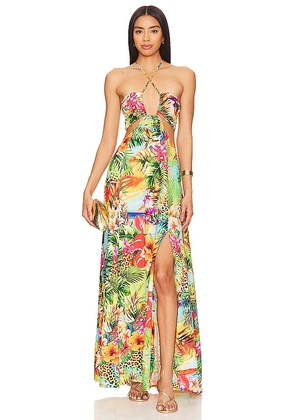 Luli Fama Birds Of Paradise Bandeau Cut Out Front Slit Dress in Green. Size L, S, XS.