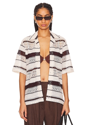 WAO Crochet Stripe Camp Shirt in Brown. Size L, S, XL/1X, XS.