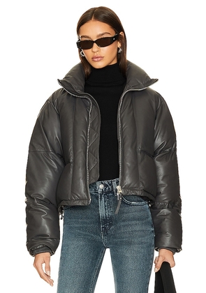 AGOLDE x Shoreditch Ski Club Edie Leather Puffer in Dark Grey. Size M, S, XL.