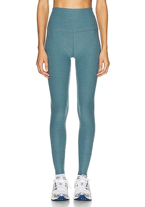Beyond Yoga Spacedye Caught In The Midi High Waisted Legging in Storm Heather - Teal. Size L (also in M, S, XS).
