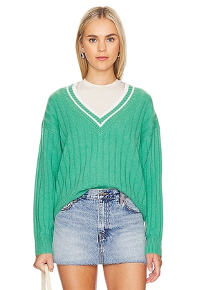 White + Warren Cashmere Varsity V-neck Sweater in Green. Size M, S, XS.