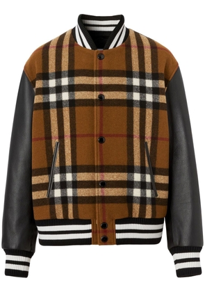 Burberry checked leather-sleeve bomber jacket - Brown