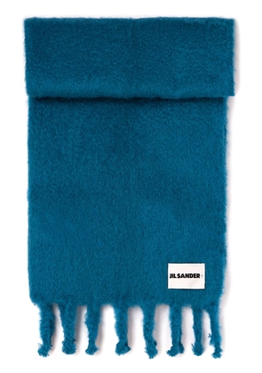 Jil Sander logo-appliqué fringed scarf - Blue
