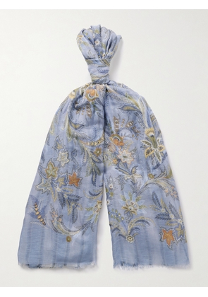 Etro - Floral-Print Striped Double-Faced Modal-Blend Voile Scarf - Men - Blue