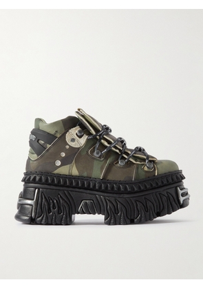 VETEMENTS - New Rock Embellished Camouflage-Print Leather Platform Sneakers - Men - Green - EU 40