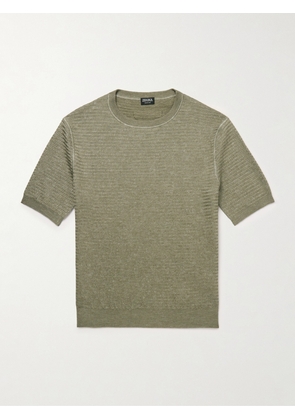 Zegna - Herringbone Silk, Linen and Cashmere-Blend T-Shirt - Men - Green - IT 48