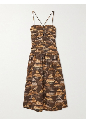 Farm Rio - Shuhu Gathered Printed Tencel™ And Cotton-blend Maxi Dress - Brown - xx small,x small,small,medium,large,x large