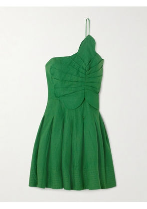 Farm Rio - Lea One-shoulder Pleated Linen-blend Mini Dress - Green - xx small,x small,small,medium,large,x large