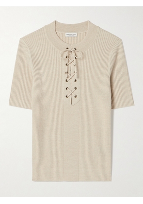 Dries Van Noten - Lace-up Ribbed Wool-blend Top - Neutrals - x small,small,medium,large