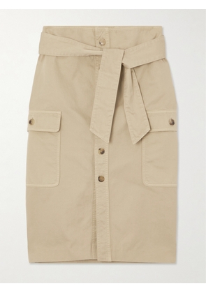 SAINT LAURENT - Saharienne Tie-detailed Cotton-twill Midi Skirt - Neutrals - 24,25,26,27,28