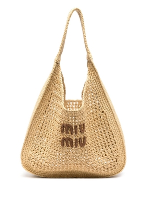 Miu Miu logo-patch raffia tote bag - Neutrals