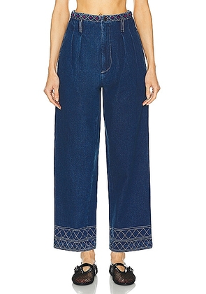 BODE Embroidered Murray Wide Leg in Indigo - Blue. Size 25 (also in 26, 28, 29, 30).