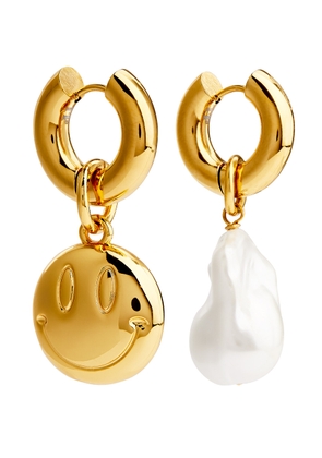 Timeless Pearly Smiles Asymmetric 24kt Gold-plated Hoop Earrings