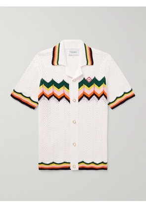 Casablanca - Camp-Collar Logo-Appliquéd Striped Crocheted Cotton Shirt - Men - White - XS