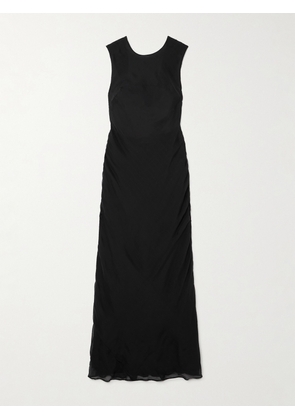 ST. AGNI - Open-back Ruched Pinstriped Silk-voile Maxi Dress - Black - x small,small,medium,large,x large