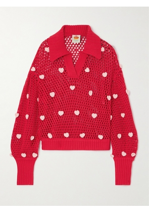 Farm Rio - Appliquéd Crocheted Cotton Polo Top - Pink - xx small,x small,small,medium,large,x large