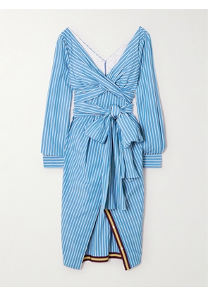 Dries Van Noten - Twist-front Belted Grosgrain-trimmed Striped Cotton-poplin Dress - Blue - FR34,FR36,FR38,FR40,FR42,FR44