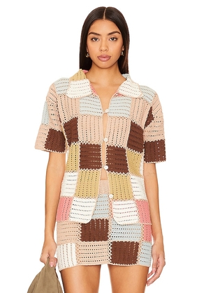 SHE MADE ME Edith Patchwork Shirt in Tan. Size M, S, XS.