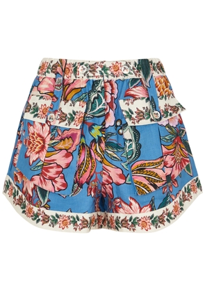 Farm Rio Wonderful Bouquet Printed Linen Shorts - Blue - L (UK14 / L)