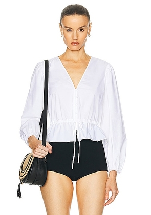 FRAME Cinched V-Neck Blouse in White - White. Size L (also in S, XS).